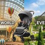 Split-screen image contrasting the indoor Lotte World Adventure with hot air balloons and the outdoor Everland resort with a wooden roller coaster, featuring a modern travel stroller in the center.