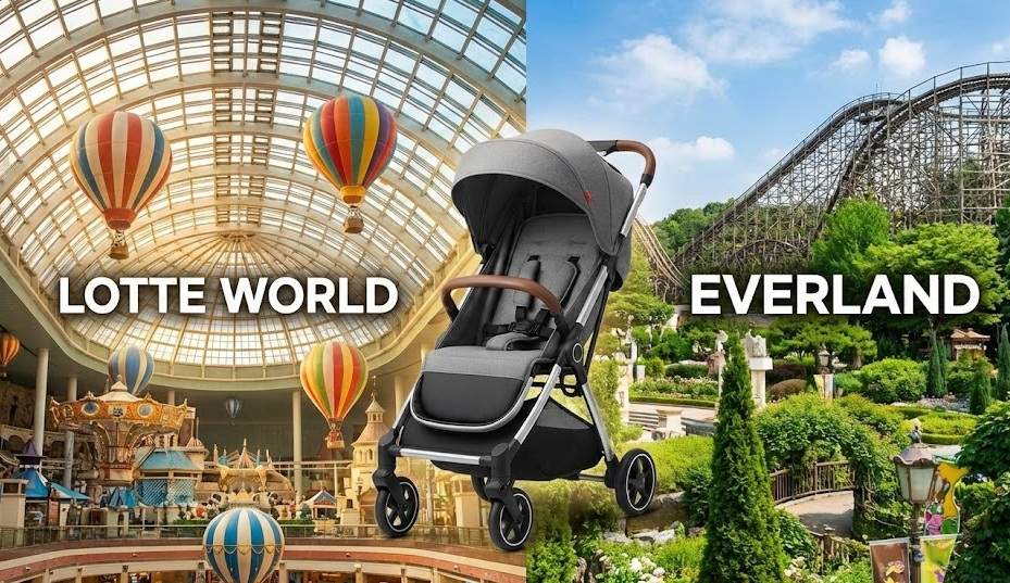 Split-screen image contrasting the indoor Lotte World Adventure with hot air balloons and the outdoor Everland resort with a wooden roller coaster, featuring a modern travel stroller in the center.