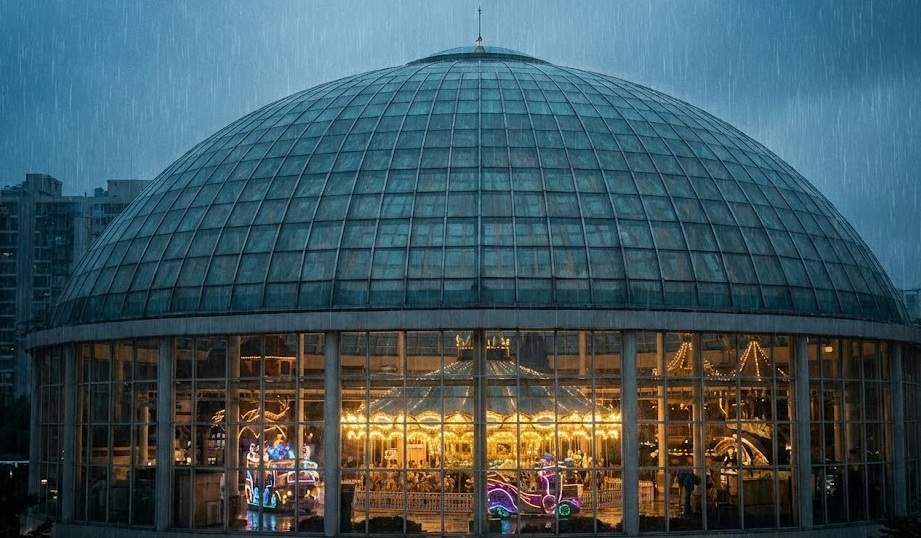 Lotte World Adventure's large glass dome structure glowing warm inside with a carousel, contrasting with the dark, rainy evening in Seoul outside.