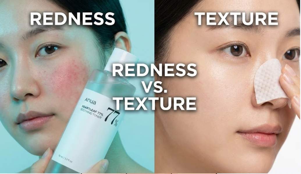 Anua Heartleaf 77 Toner vs. Pads: Split-screen comparison image. On the left, a person with facial redness holds a bottle of Anua Heartleaf 77 Soothing Toner. On the right, a person with clear skin uses an Anua Clear Pad on their nose. Text overlay reads "REDNESS VS. TEXTURE".