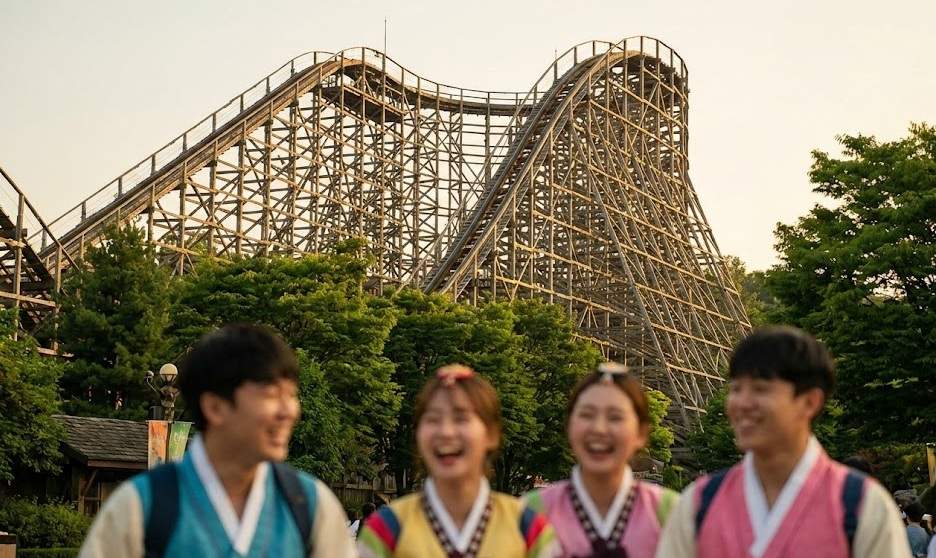 A scenic view of Everland's T-Express wooden rollercoaster at sunset, with young tourists in rented Korean school uniforms laughing in the foreground.