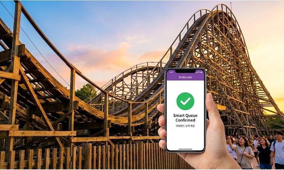 Everland Without Reading This: A hand holds a smartphone showing a green "Smart Queue Confirmed" screen for the Everland app, with the massive wooden T-Express roller coaster illuminated by golden sunset light in the background.