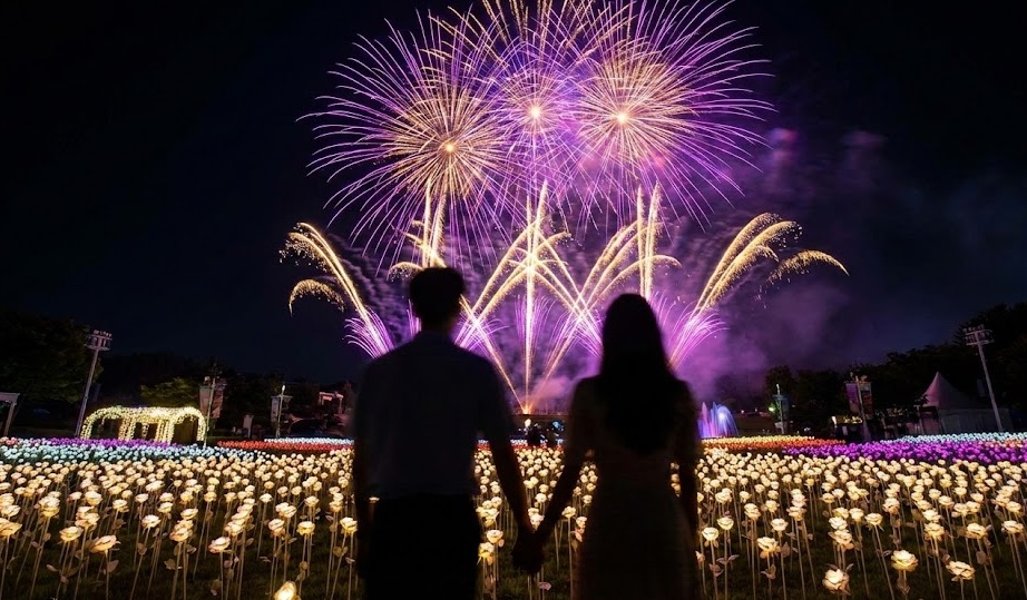 Silhouette of a couple holding hands and watching large purple fireworks explode over the illuminated LED rose garden at Everland theme park at night.