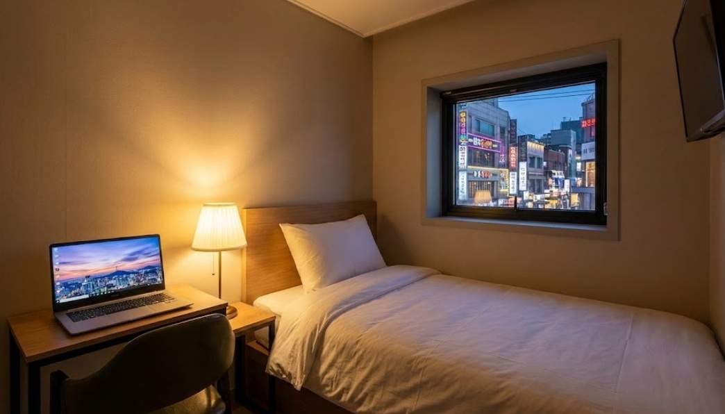 A clean, modern Premium Goshitel room with a single bed, desk, and laptop, showing a view of a neon-lit Korean street through the window at twilight.