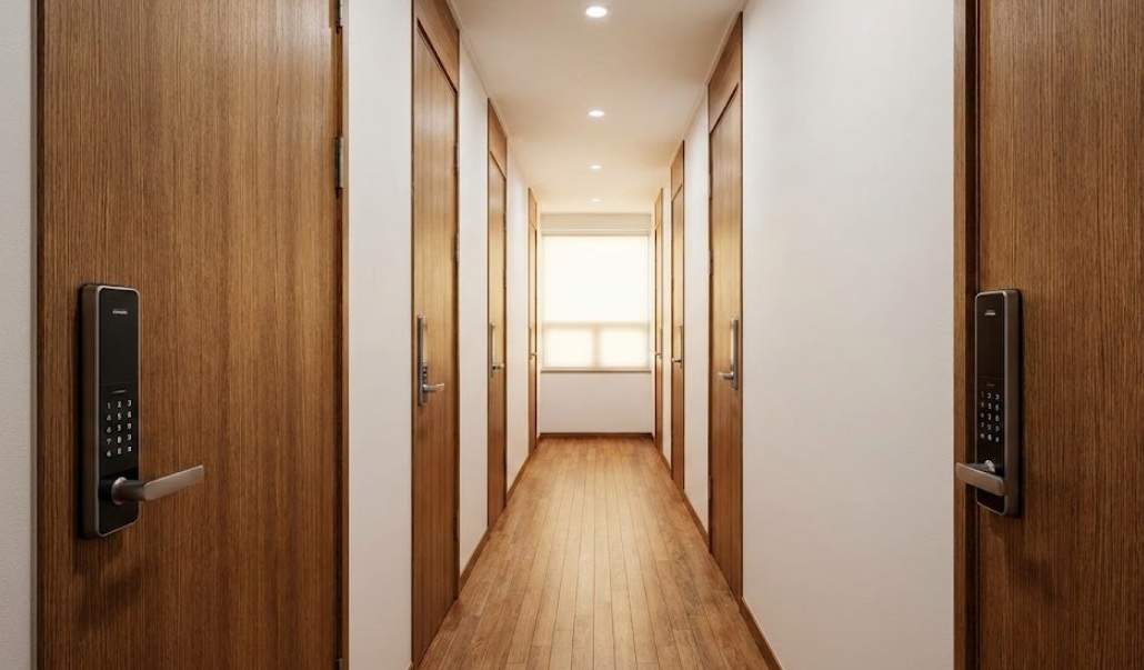 Master Goshiwon life in Korea: A narrow, modern Korean Goshiwon hallway with wooden doors, digital locks, and warm cinematic lighting.