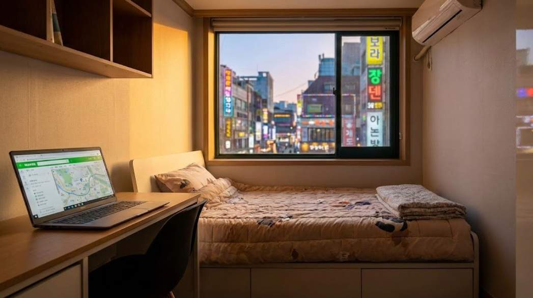 A cozy Goshiwon room at sunset, with a laptop displaying Naver Maps on a desk and a view of a bustling street in Sinchon outside the window.