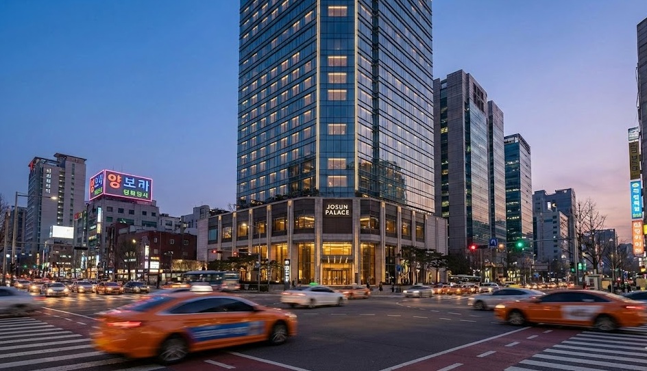 osun Palace hotel Gangnam Seoul at twilight with busy street and taxis, best luxury business hotel in Seoul for business.