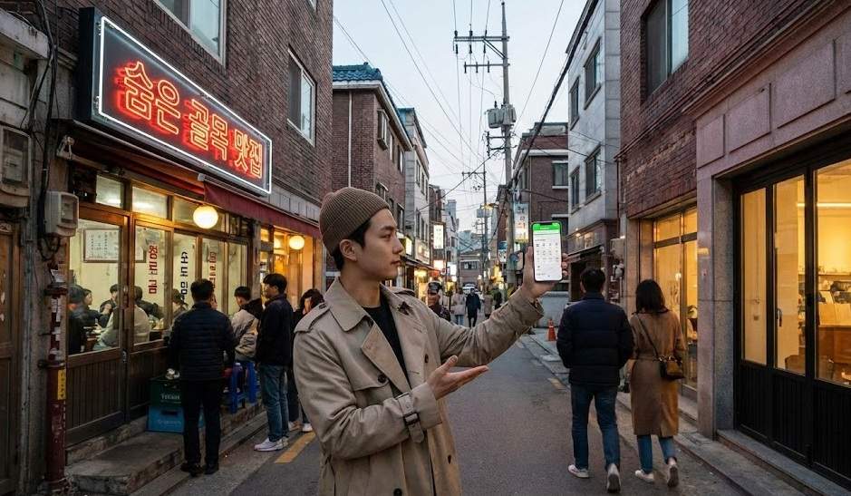 Best Value Hotels in Seoul: Split-screen image contrasting a crowded, neon-lit Myeongdong street labeled 'TOURIST TRAP' on the left with a warm, fashionable boutique hotel room in Seongsu labeled 'LOCAL GEM' on the right.
