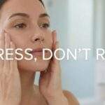 VT Reedle Shot Pain: A woman pressing skincare into her face with text overlay "PRESS, DON'T RUB".