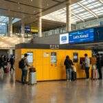 Travelers using the main yellow digital luggage storage lockers inside the busy 3rd-floor concourse of Yongsan Station in Seoul