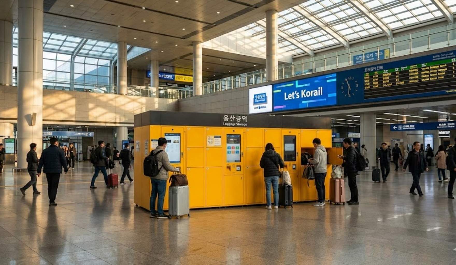 Travelers using the main yellow digital luggage storage lockers inside the busy 3rd-floor concourse of Yongsan Station in Seoul
