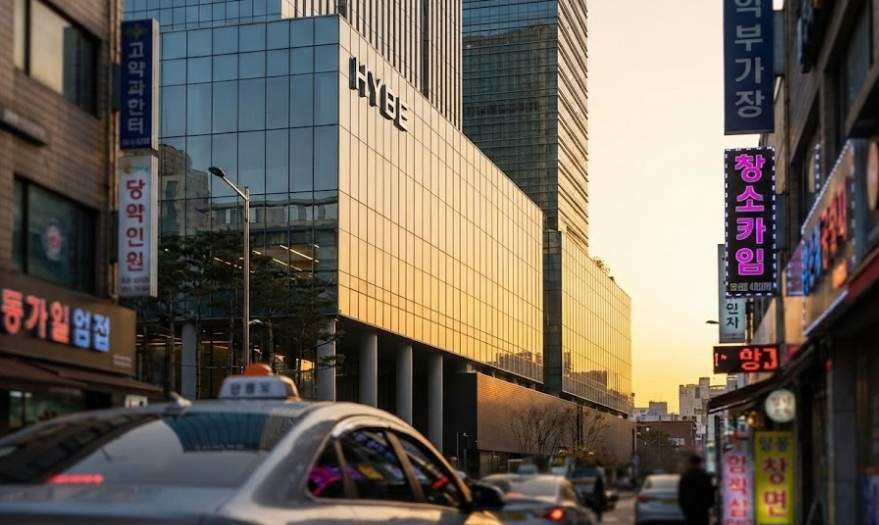Visiting the HYBE Building: Golden hour photograph of the modern HYBE building in Yongsan, Seoul, contrasted with a busy Korean street scene in the foreground.