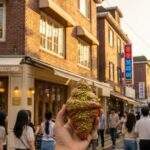 A hand holds a pistachio croissant in the foreground of a bustling Yongnidan-gil street in Seoul during golden hour. The background shows vintage brick buildings with cafes, people walking, and neon Korean signs.