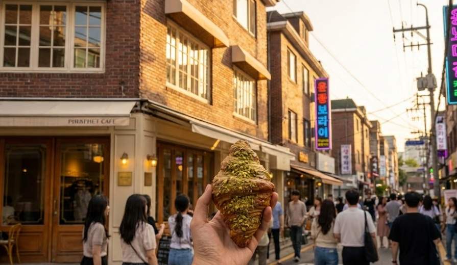 A hand holds a pistachio croissant in the foreground of a bustling Yongnidan-gil street in Seoul during golden hour. The background shows vintage brick buildings with cafes, people walking, and neon Korean signs.