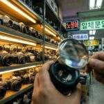 A low-angle photograph of a cluttered aisle in Seoul's Electroland, filled with vintage silver cameras under warm tungsten lights, with a hand holding a magnifying glass in the foreground and neon Korean signage in the background.