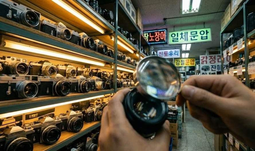 A low-angle photograph of a cluttered aisle in Seoul's Electroland, filled with vintage silver cameras under warm tungsten lights, with a hand holding a magnifying glass in the foreground and neon Korean signage in the background.