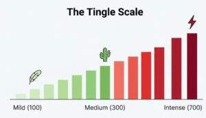 A bar chart titled "The Tingle Scale" illustrating the increasing sensation of Reedle Shot 100 (feather icon), 300 (cactus icon), and 700 (lightning bolt icon) with a color gradient from green to red.