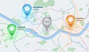 Best Seoul Jjimjilbang: A 3D isometric map of Seoul showing Yongsan as closed, with glowing pins for open sauna alternatives: Aquafield, Sparex, and Supsok.