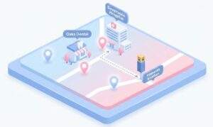 English Speaking Dentists in Yongsan: A cute, isometric 3D map of Yongsan-gu, showing a walking route from Itaewon Station to Oaks Dental and Severance Hospital.