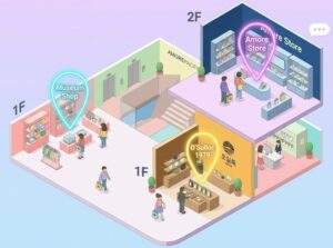 Amorepacific HQ in Yongsan: An isometric 3D illustrated floor map of Amorepacific HQ showing the Museum Shop and O'Sulloc 1979 on the first floor, and the Amore Store on the second floor, with glowing location markers.