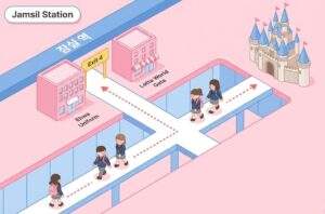 Lotte World School Uniform Rental: Isometric map showing the walking path from Jamsil Station Exit 4 to Ehwa School Uniform and Lotte World Gate.