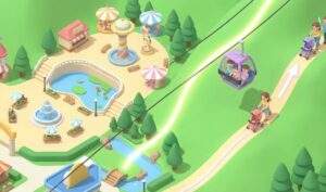 Lotte World vs Everland: An isometric 3D map illustration of Everland Resort, highlighting a steep hill path and the "Sky Cruise" gondola lift with families and strollers.