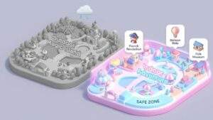 Lotte World Indoor Guide: 3D isometric map of Lotte World, showing the greyed-out "Outdoor Magic Island" under a rain cloud and the glowing pastel "Indoor Adventure" safe zone with icons for key indoor attractions.