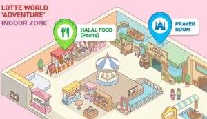 An isometric illustrated map of Lotte World Adventure's indoor zone, showing a green pin for "Halal Food (Pasha)" on the 2nd floor and a blue pin for "Prayer Room" on the 3rd floor near the Jungle Adventure Boat.