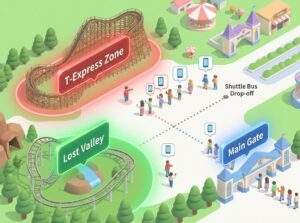 An illustrated isometric map of Everland showing the shuttle bus drop-off, Main Gate area, T-Express Zone, and Lost Valley, highlighting where to use the Smart Queue app.