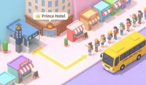 An isometric 3D map showing tourists walking from Myeongdong Station Exit 2, past the Prince Hotel, to the Everland Shuttle bus.