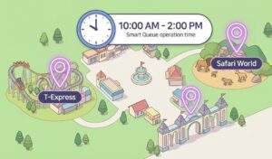 An isometric 3D infographic map of Everland Resort, highlighting the Main Gate, T-Express, and Safari World with glowing pins. A prominent clock visualizes the critical 10:00 AM to 2:00 PM Smart Queue operating window.