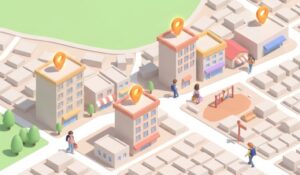A cute, 3D isometric map of a Korean university district with pastel buildings, glowing map pins indicating Goshiwons, and small student characters.