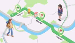 Book a Seoul Goshiwon: An isometric 3D map of Seoul's subway line 2, highlighting Sinchon, Hongdae, and Gangnam with house-shaped pins and small characters of a traveler and a student.