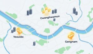 Isometric map of Seoul showing business districts Gangnam, Yeouido, and Gwanghwamun with luxury hotel locations marked.