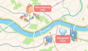 Myeongdong or Gangnam: A cute, isometric 3D map of central Seoul highlighting Myeongdong north of the Han River with a shopping bag icon and Gangnam south of the river with a diamond icon.