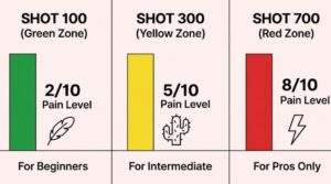 Infographic chart comparing pain intensity levels of VT Reedle Shot 100, 300, and 700, advising beginners to start low.