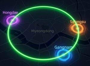 A futuristic infographic map of Seoul highlighting the glowing neon Subway Line 2 circle, with vibrant pulses at Hongdae, Seongsu, and Gangnam, while the central Myeongdong area is dimmed.