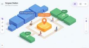 Yongsan Station Luggage Storage: An isometric 3D map illustrating the exact location of luggage lockers on the 3rd floor of Yongsan KTX Station, near the ticket counter and Exit 1.