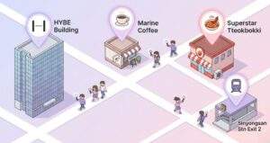 Cute 3D isometric map of the Yongsan area showing the walking route between HYBE Building, Marine Coffee, Superstar Tteokbokki, and Sinyongsan Station Exit 2, with tiny fan characters.