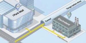 Yongsan Electronics Market Camera Reality: An isometric 3D map illustration of the Yongsan Station area, showing a shiny I'Park Mall and a retro Electroland building connected by a yellow dotted line path through a tunnel, with cute 3D pin markers labeling a Tourist Zone and a Vintage Camera Zone.