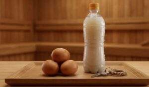 A close-up of roasted eggs (Maekbanseok gyeran), a bottle of cold Sikhye, and a sauna locker key on a wooden tray in a jjimjilbang.