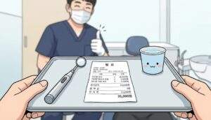 A first-person view from a dental chair in Korea, holding a tray with a low bill in Won and a cute water cup, with a smiling dentist giving a thumbs-up in the background.