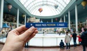 A hand holding a Lotte World Magic Pass Premium 5-Ride wristband