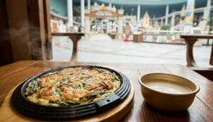 First-person view of a steaming seafood pancake (Pajeon) and a bowl of Makgeolli on a wooden table, with the indoor Lotte World theme park visible in the background.