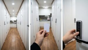 Living in a Seoul Goshiwon: A triptych of first-person photos showing a view down a Goshiwon hallway, a hand holding a keycard, and a hand unlocking a digital door lock.