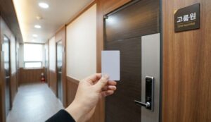 A first-person perspective of a hand holding a white key card to unlock the digital lock of a modern Goshiwon room door.