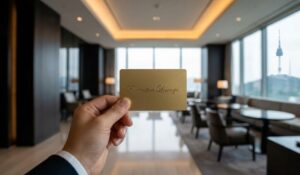 First-person view holding an Executive Lounge key card in a luxury hotel in Seoul with N Seoul Tower view in background.