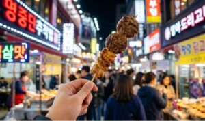 A first-person point of view shot of a hand holding a grilled street food skewer (dakkochi or tteokgalbi) in a crowded Myeongdong night market with blurred neon signs and people in the background.