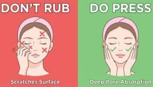 Split-screen educational illustration demonstrating the incorrect way to rub skincare versus the correct way to gently press Reedle Shot into pores.