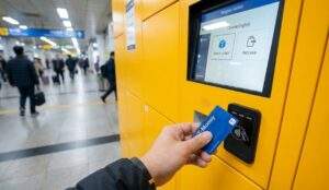A close-up point-of-view shot of a traveler paying for a digital luggage locker using a T-Money card on a touchscreen interface in Korea.